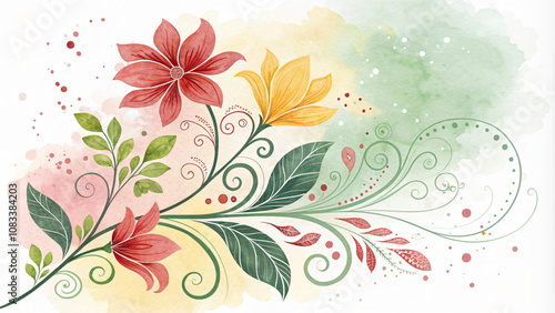 vibrant watercolor illustration featuring colorful flowers and swirling leaves, creating cheerful and artistic floral design. Perfect for various creative projects