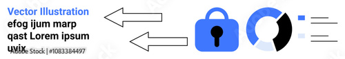 Arrows, padlock icon, and pie chart symbol conveying data security, protection, and analytics. Text placeholder. Ideal for cybersecurity, data privacy, analytics, infographics, tech presentations