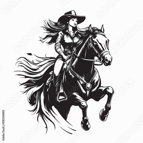 Woman jockey on the back of a stallion rides image vector isolated on white background.