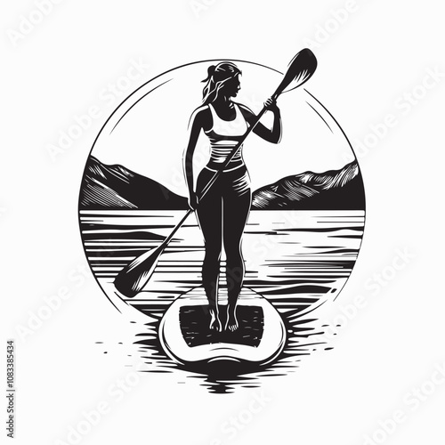 Young Woman With Stand Up Paddle Board Sup On River Image vector isolated o white background.