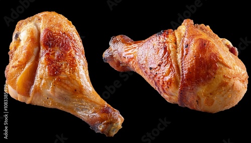 Set of Roasted grilled turkey chicken drumstick thigh on black background cutout, Mockup template for artwork design. perspective positions many different angle, side frontal top view photo