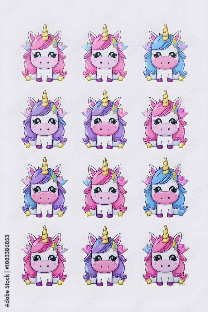 Obraz premium Adorable Collection of Twelve Cute Cartoon Unicorns with Pink, Purple, and Blue Hair; Whimsical Stickers Perfect for Kids' Crafts, Decorations, and Scrapbooking
