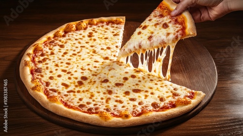 Cheesy pizza slice being pulled from a fresh pizza