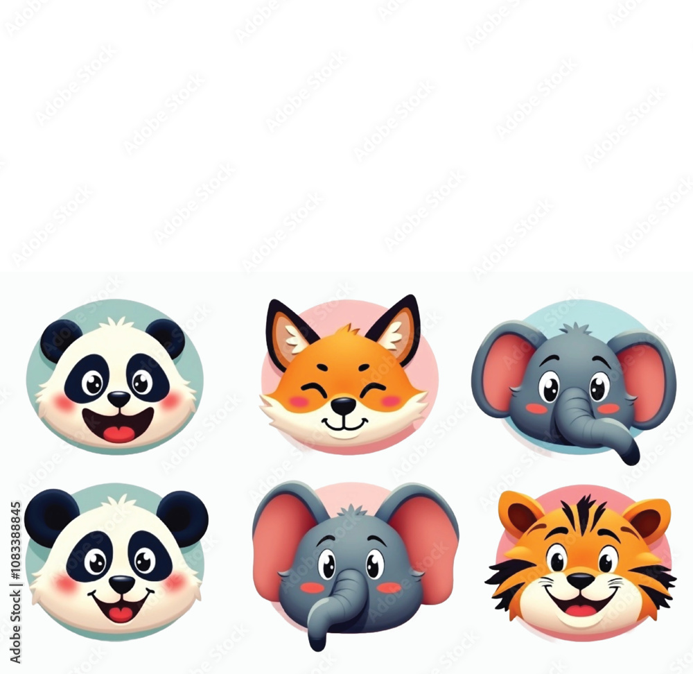 Fototapeta premium Funny Animal Sticker Bundle - Cute Panda, Fox, Tiger, Elephant & Wildlife Designs