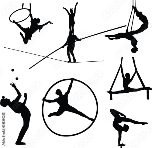 Circus silhouette, Performers, Acrobat, Juggler, Clown, Ring Leader