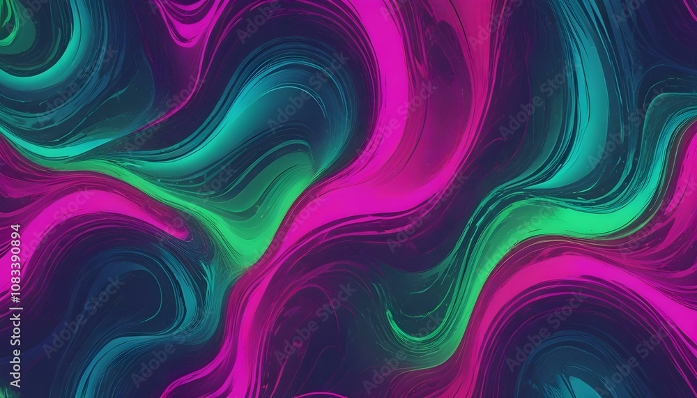 Obraz premium Olas de Energía en Colores Neón Un diseño en tonos neón de verde, fucsia y azul con patrones ondulantes y un leve efecto de brillo 