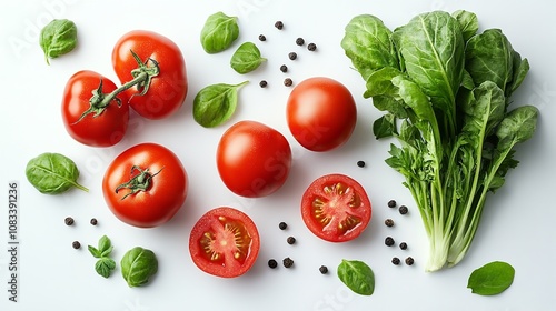 An assortment of vibrant vegetables including tomatoes, peppers, and leafy greens is beautifully arranged from a top-down perspective on a white surface