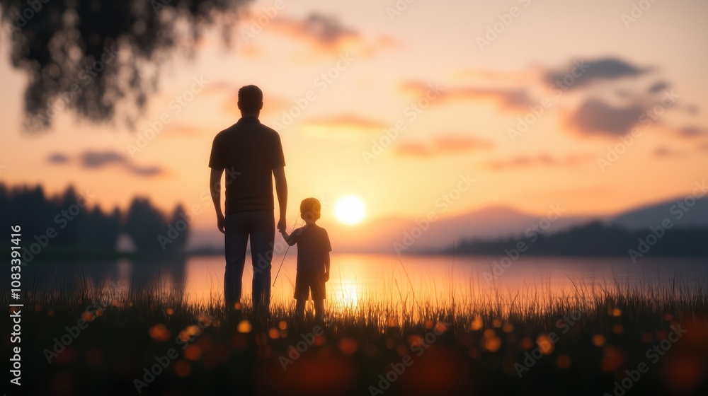 Fototapeta premium Silhouette of a Father and Son Holding Hands at Sunrise by a Tranquil Lake with Scenic Mountains and Pink Sky Reflected in Calm Water
