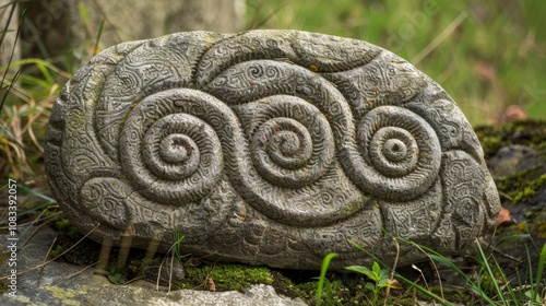 Ancient Celtic Stone Carving with Spirals and Knots photo