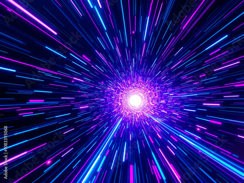 Vibrant light streaks emanate from a central point creating a dynamic burst of colored energy in a dark space background photo