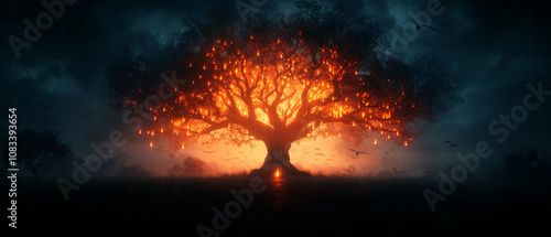Towering Ancient Tree with Cities in Its Branches and Dragons Flying Through
