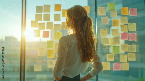 Businesswoman brainstorming with sticky notes on a glass wall, morning sunlight, frontfacing angle, natural lighting photo