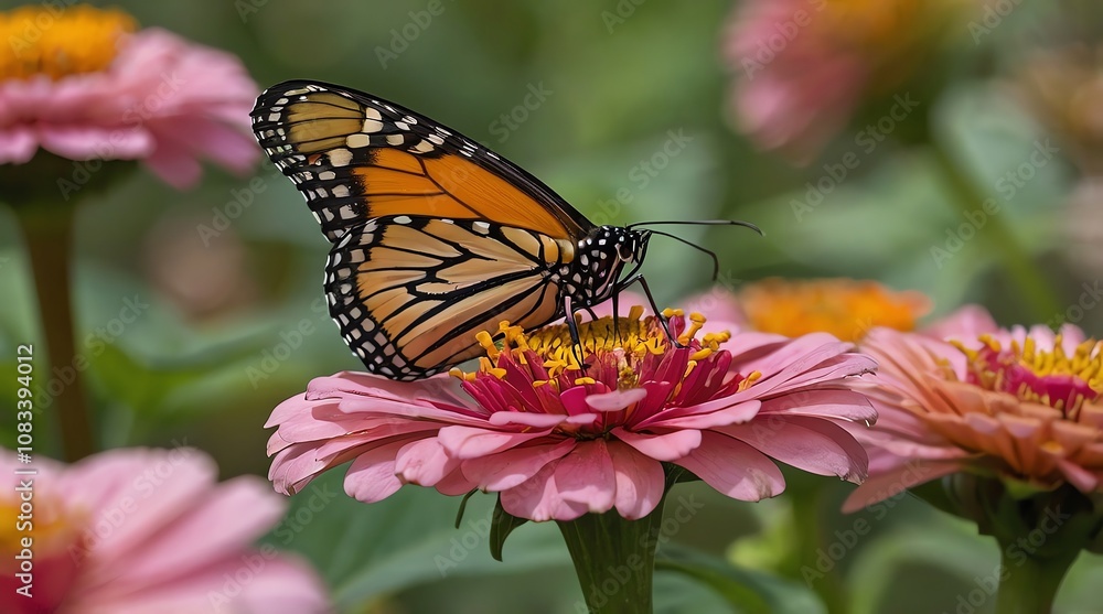 Obraz premium monarch butterfly rests on a pink flower in a vibrant garden during the morning hours of springtime, showcasing nature's beauty and colors