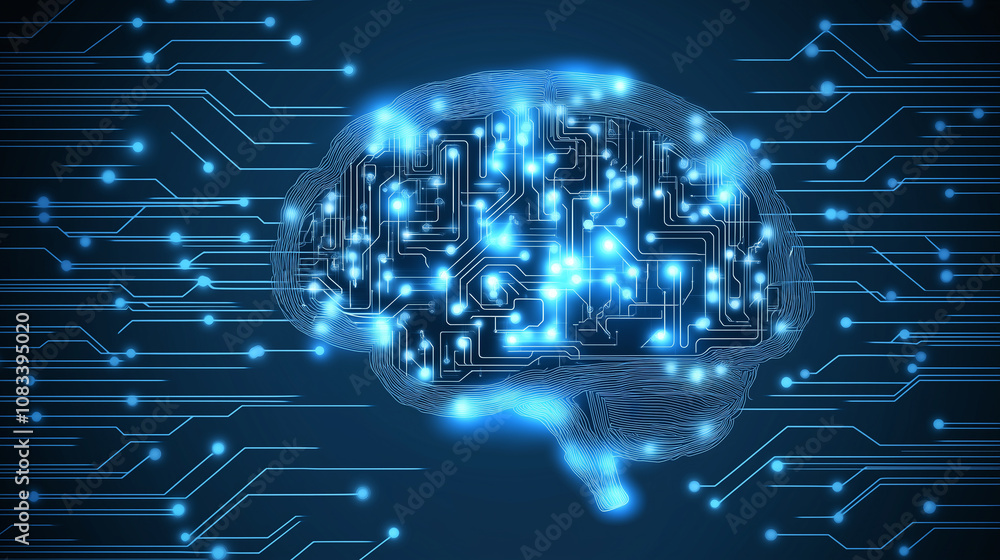 Fototapeta premium artificial intelligence represented as a glowing digital brain, neural networks, futuristic technology, circuits and data flowing in a high-tech environment