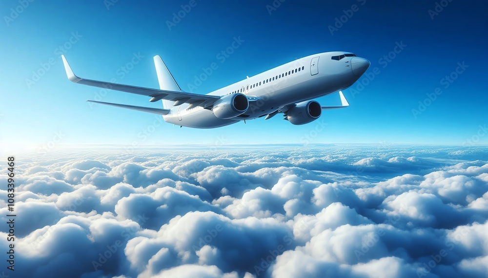 Obraz premium Airplane flying high above fluffy clouds during clear daytime sky, showcasing aviation and travel beauty from an aerial perspective