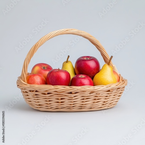 Fresh apples and pears in a woven basket, showcasing vibrant colors and natural textures on a clean light background, perfect for healthy food themes and seasonal promotions. photo