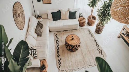 A cozy and eclectic living room design boasting a white canvas backdrop, Carefully arranged minimalist furniture with eclectic accents, Boho-chic style