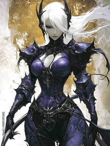 Enigmatic Female Warrior, Powerful Gothic Knightess in Sleek Purple and Black Armor with Billowing White Hair Wielding Curved Blade in Dramatic Fantasy Scene photo