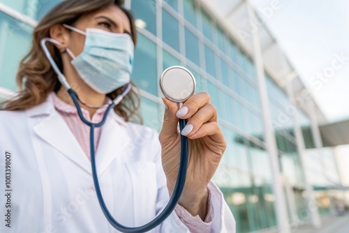 A healthcare worker holds a stethoscope while standing in front of a contemporary medical building.