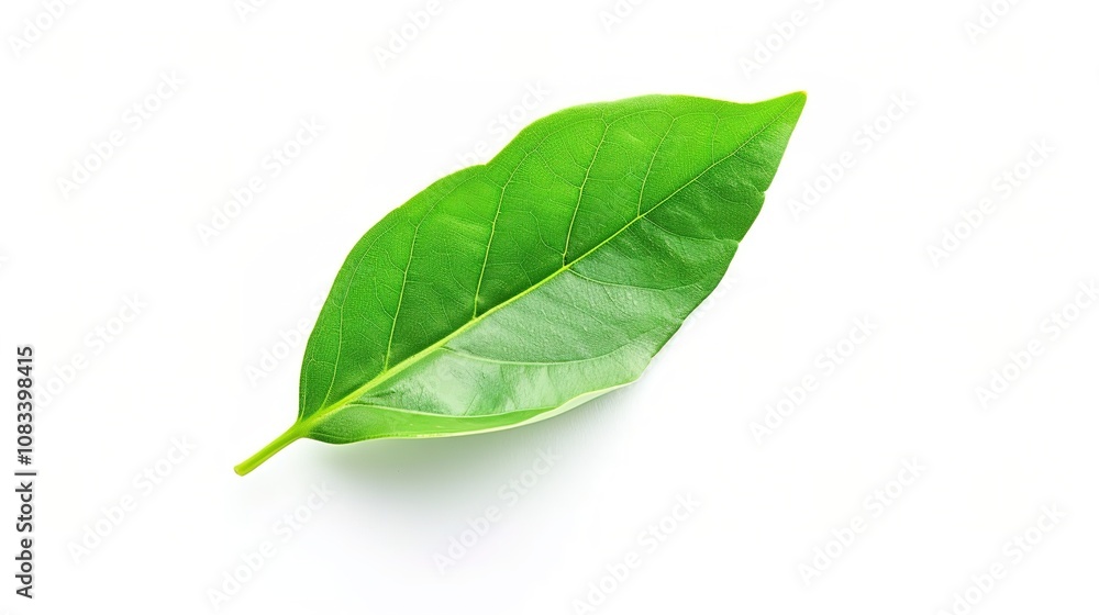 Obraz premium Bay Leaf Isolated on White Background - A Symbol of Flavor and Tradition. The Green Bay Leaf with Its Distinctive Shape and Texture, Standing Alone Against the Purity of White. Its Curves and Veins