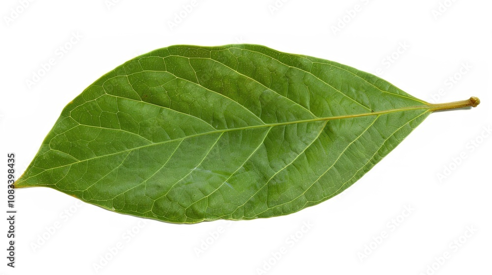 Fototapeta premium Bay Leaf Isolated on White Background - A Symbol of Flavor and Tradition. The Green Bay Leaf with Its Distinctive Shape and Texture, Standing Alone Against the Purity of White. Its Curves and Veins