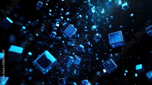 Abstract Blue Cubes Falling on a Black Background