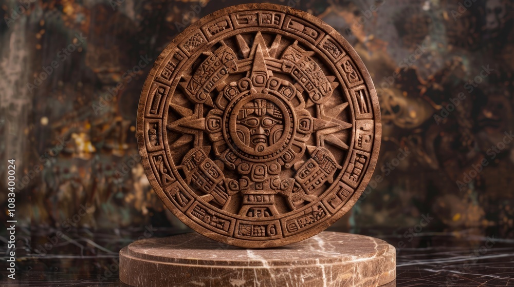 Fototapeta premium Detailed Aztec Stone Calendar Sculpture on Display