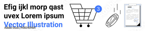 Shopping cart with three notifications, coin, and clipboard with document. Ideal for e-commerce, online shopping, notifications, financial transactions, business, accounting, digital marketing