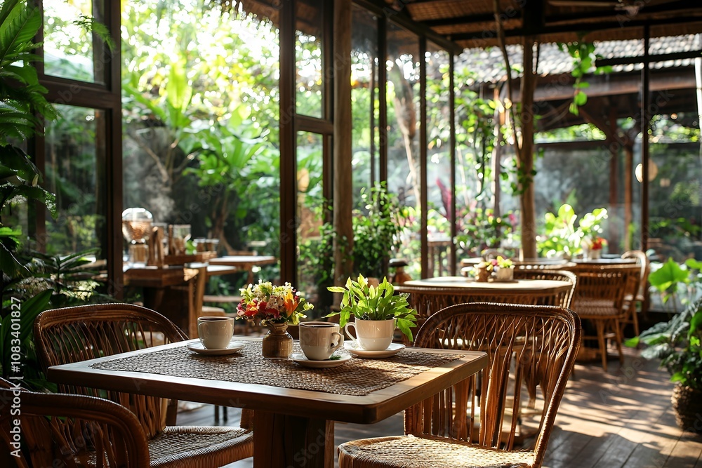 Fototapeta premium 緑に囲まれたナチュラルなカフェの明るい空間 | Bright Natural Cafe Surrounded by Greenery
