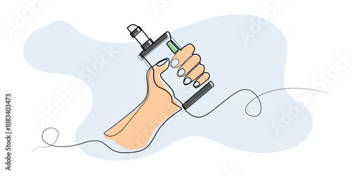 line art drawing of hand holding e-cigarette.line art vector of e-cigarette with vaping liquid.abstract line art vector illustration