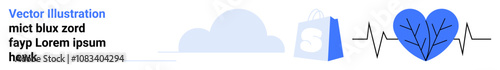 Blue shopping bag, clouds, and heartbeat in blue with textual elements on the left. Ideal for healthcare, shopping, e-commerce, lifestyle, wellness. Landing page