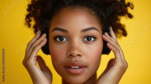 Curious woman overhearing intently on yellow background photo