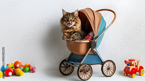 Cat sitting in a baby stroller with toys around, isolated on white.  photo