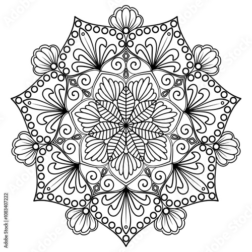 Printable mandala for book - coloring.Black and white labels with flower patterns, hand draw in mehndi style. Sketch of ornaments for creativity of children and adults with colored pencils.