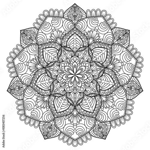 Printable mandala for book - coloring.Black and white labels with flower patterns, hand draw in mehndi style. Sketch of ornaments for creativity of children and adults with colored pencils.