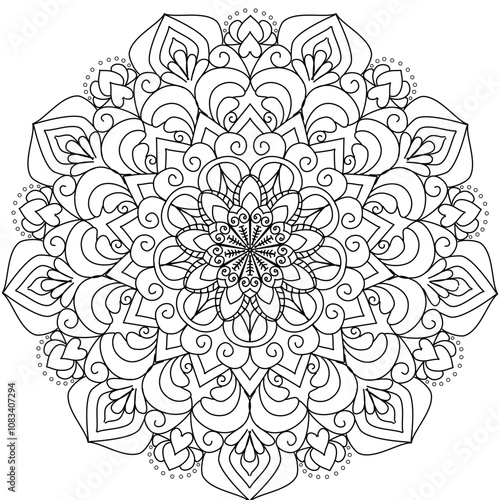 Printable mandala for book - coloring.Black and white labels with flower patterns, hand draw in mehndi style. Sketch of ornaments for creativity of children and adults with colored pencils.