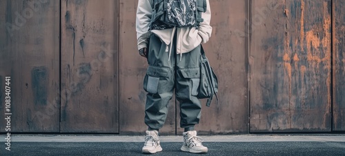 An edgy streetwear ensemble featuring an oversized graphic hoodie, cargo pants, and chunky sneakers, finished with a beanie and crossbody bag for urban flair photo