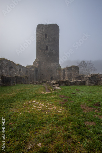 Ruins of a castle. Landscape shot in autumn. Defensive structure in a lake. Misty landscape in the morning at the historical sight in Morbach, Baldenau castle ruins, Rhineland-Palatinate, Germany photo