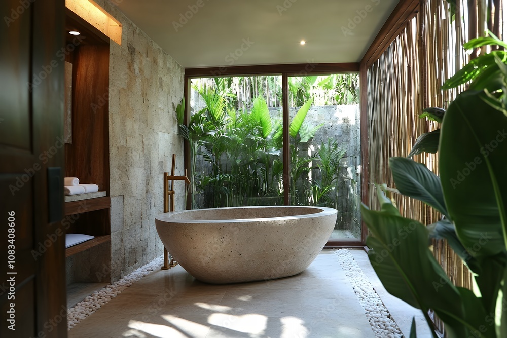 Fototapeta premium トロピカルな自然に囲まれたラグジュアリーなバスルーム | Luxurious Bathroom Surrounded by Tropical Nature