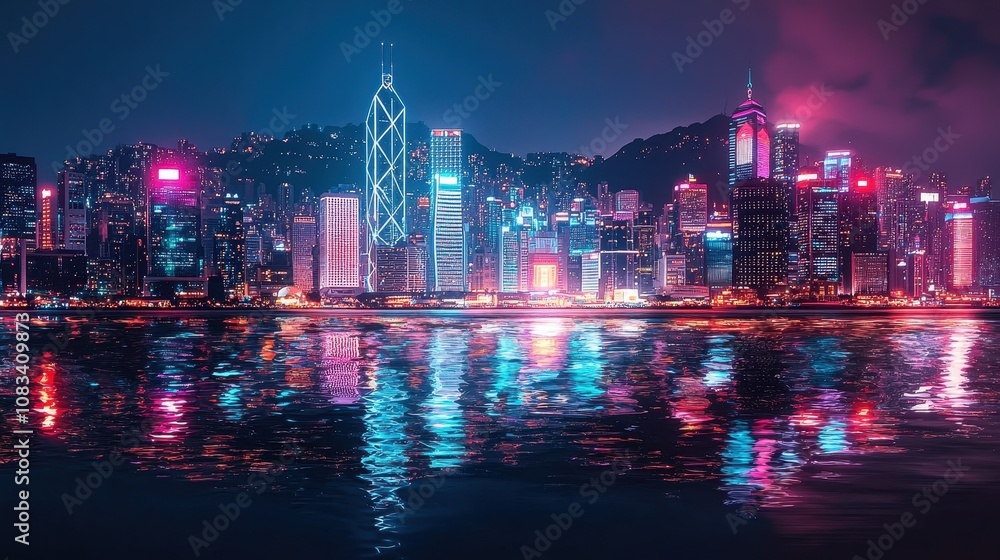 Fototapeta premium Vibrant Nightscape of Hong Kong Skyline Showcasing Neon Lights, Reflective Waters, and Towering Skyscrapers under a Starry Sky