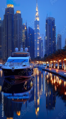 Yacht Docked in Dubai Marina at Dusk with Skyscrapers and Palm Trees