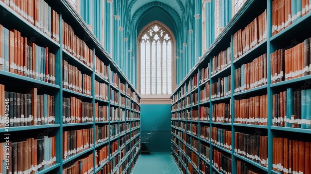 Obraz premium Beautifully designed library interior showcasing tall bookshelves filled with colorful books, elegant archways, and stunning gothic windows illuminating the space