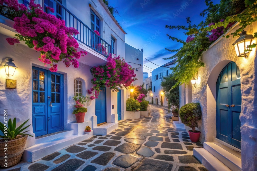 Fototapeta premium Captivating Night Photography of Mykonos Street with White Walls and Blue Doors, Illuminated by Moonlight, Showcasing Greek Architecture and Charming Atmosphere