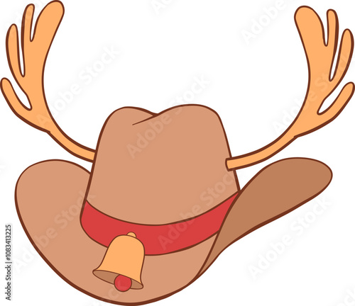 Christmas cowboy hat hand drawn illustration with gold reindeer antlers, bell and red hatband