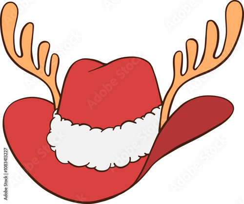 Red Christmas cowboy hat hand drawn illustration with gold reindeer antlers, Santa cap white fluffy fur trim