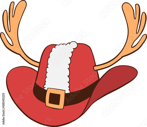 Red Christmas cowboy hat hand drawn illustration with reindeer antlers, Santa coat white fur trim and black belt