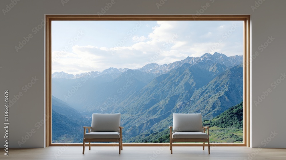 Fototapeta premium Serene Living Room with Two Chairs Overlooking Breathtaking Mountain Landscape through Large Window in Modern Minimalist Design