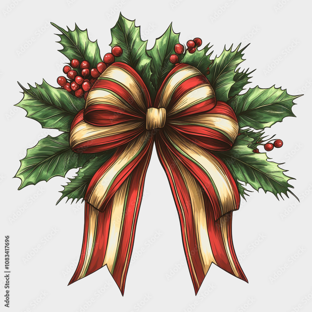 Fototapeta premium Elegant Holiday Decoration with Festive Red and Gold Bow Surrounded by Green Holly Leaves and Bright Berries for Seasonal Celebrations and Greeting Cards