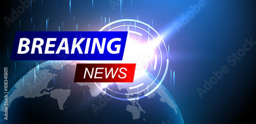 Breaking news background template. Blue futuristic broadcast with glowing planet. Vector illustration