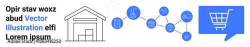 Warehouse, connected supply chain network, and shopping cart icon. Ideal for e-commerce, logistics, supply chain management, warehouse management, inventory control, online shopping, digital